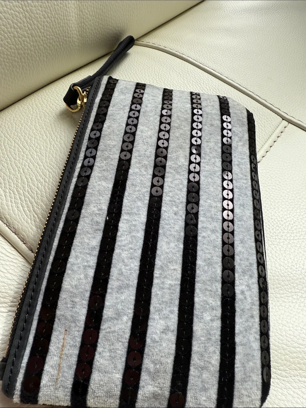 Juicy Couture Gray & Black Striped Sequin Heart Wristlet